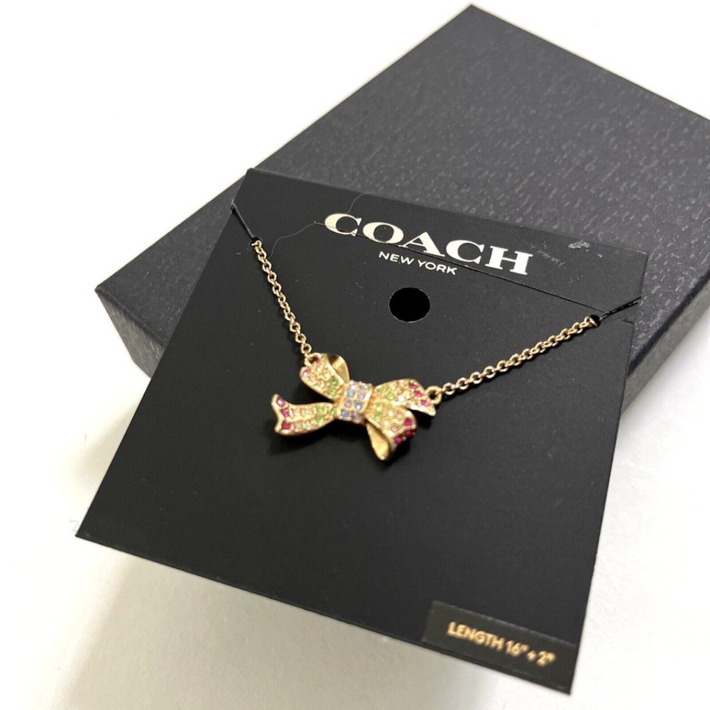 New & Original $118 COACH Pavé Bow Pendant Necklace Rhinestone 16" + 2" Length - Picture 6 of 8